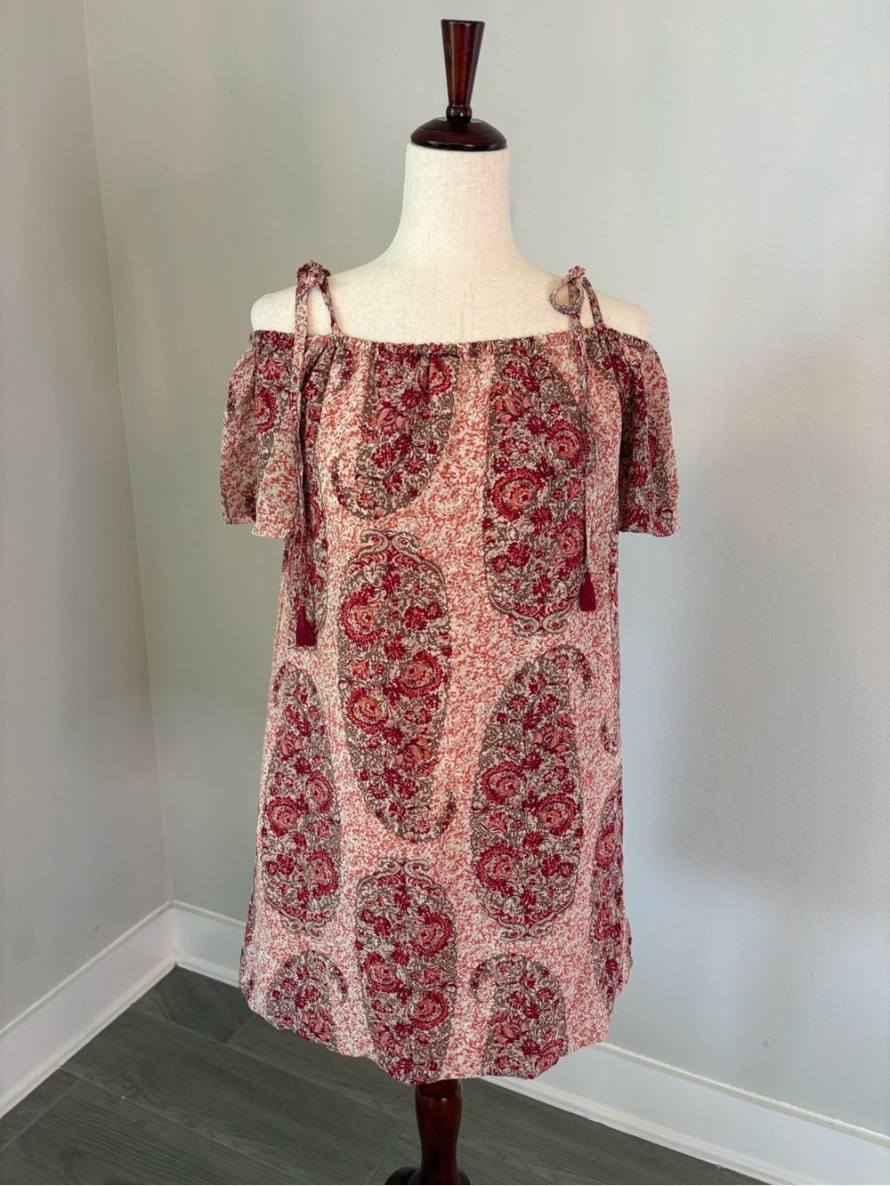 Madewell Silk Cold Shoulder Paisley Print Mini Dress Tassels Size Medium - Picture 2 of 10